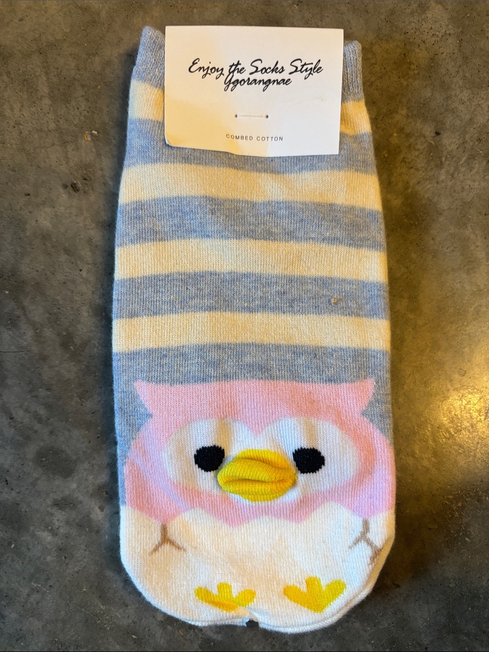 Striped Gray & Cream Combed Cotton Socks with Pink Owl Accent